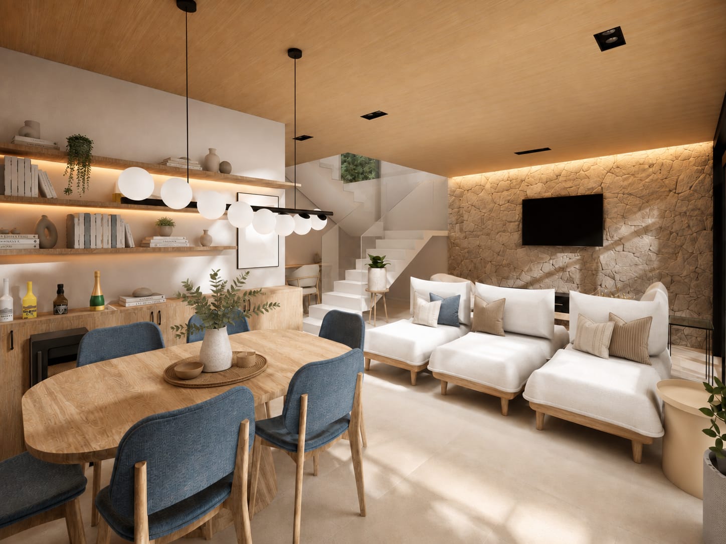 Projeto de sala de estar e jantar integradas com madeira, pedra natural e iluminação acolhedora
