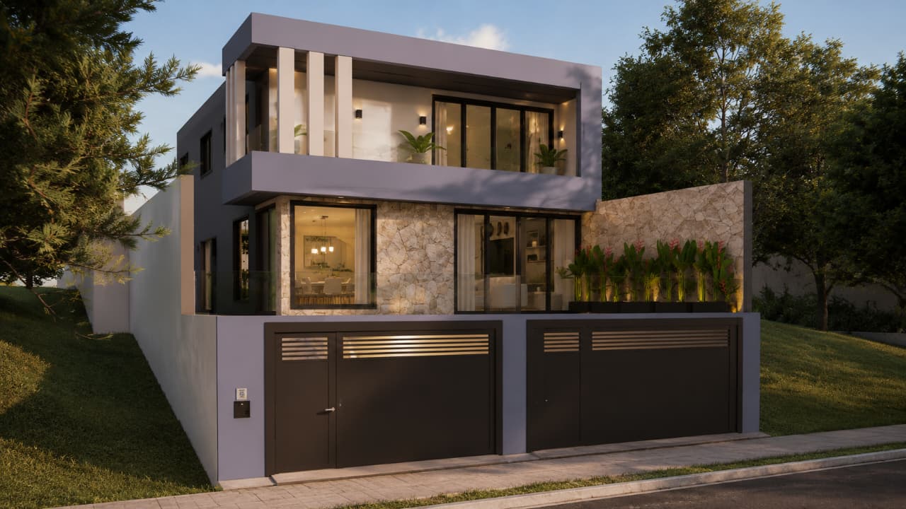Projeto de residência contemporânea com pedra natural, grandes aberturas e iluminação arquitetônica