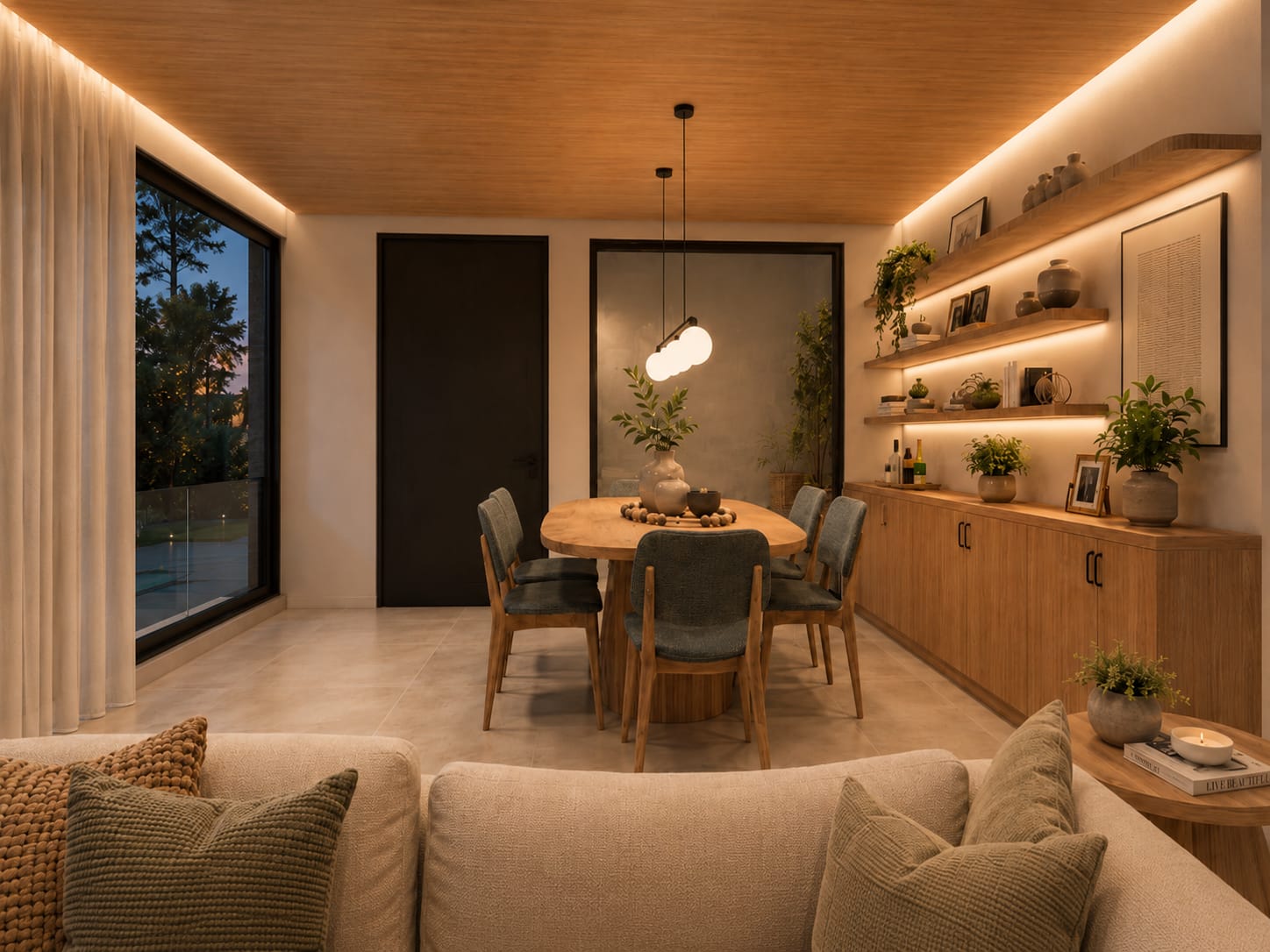Projeto de sala de jantar conectada ao estar com iluminação indireta e marcenaria contínua