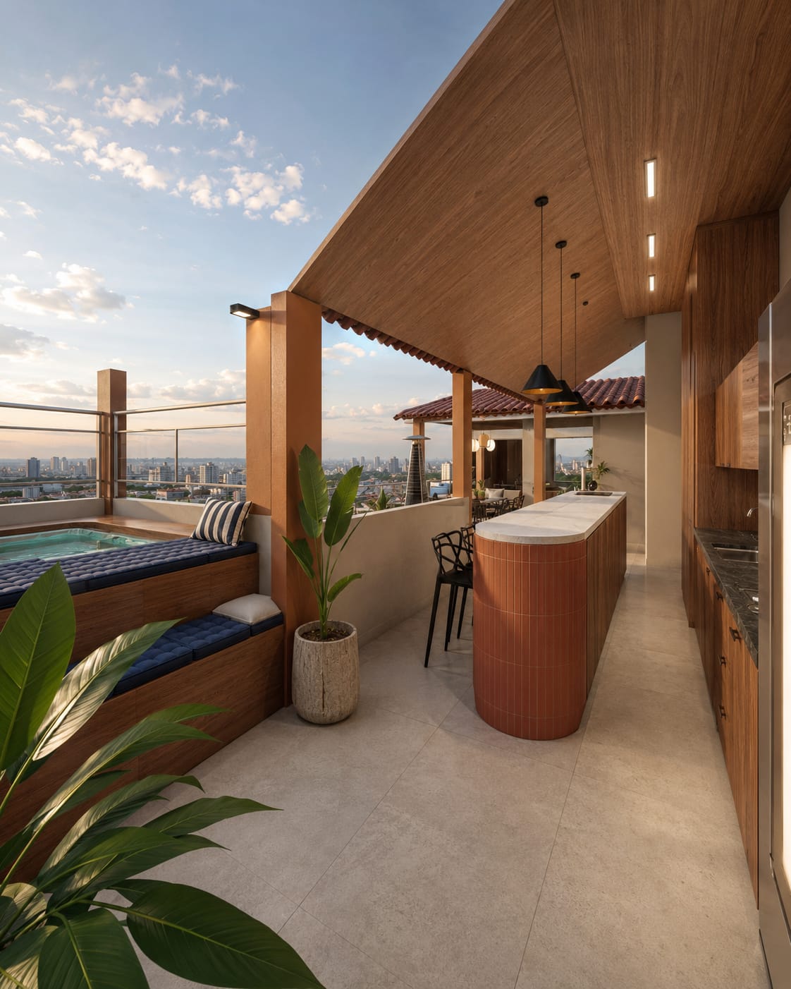 Projeto de varanda gourmet com spa, bancada curva e vista para a cidade